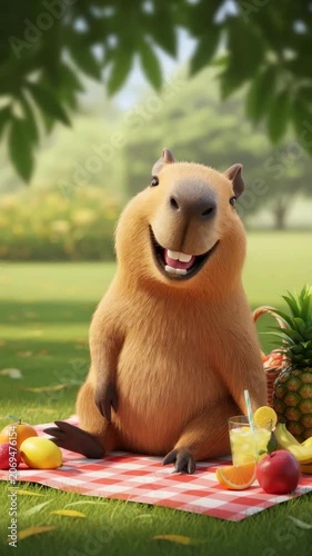 Cute capybara enjoying a picnic and sipping lemonade on a red checkered blanket in a sunny park, smiling and relaxed