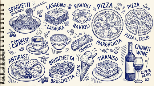 Blue Italian food sketches with typography doodle art.