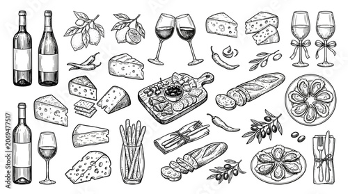 Hand drawn sketch collection of cheese wine and bread.