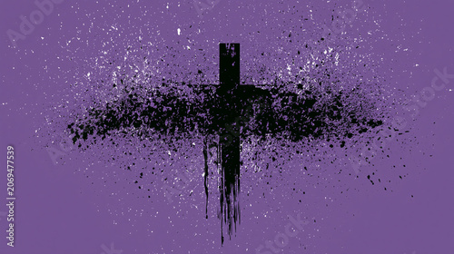 Abstract grunge black cross with splatter paint effect on purple background