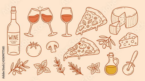 Italian food and wine hand drawn doodle elements.