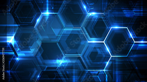 Abstract futuristic hexagonal grid with glowing blue neon lights and digital technology background