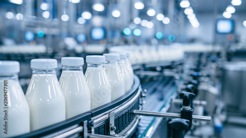 Close-up of milk bottles on conveyor belt in modern dairy processing plant