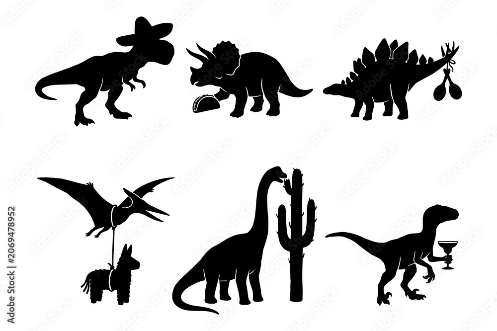 Obraz premium Fiesta dinosaur set, funny cartoon trex, triceratops, stegosaurus, pterodactyl, brachiosaurus, and raptor.