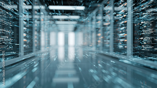 Futuristic Data Center Server Room with Blue LED Lighting and Reflection