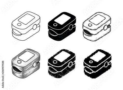 Set of six pulse oximeter illustrations in various artistic styles