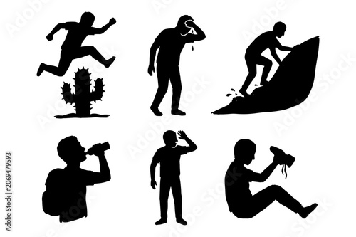 People silhouettes experiencing heat, sunstroke, exhaustion in desert, jumping over cactus, drinking water and resting.