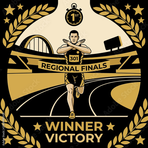 Runner Crossing Finish Line With Arms Crossed In Victory Symbol