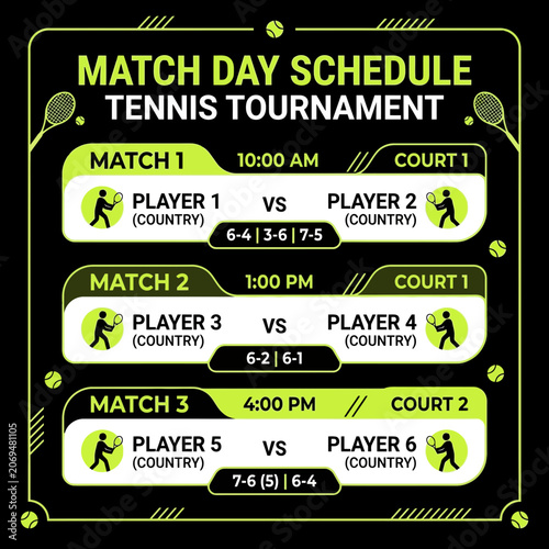 Professional Tennis Tournament Match Day Schedule With Player Details And Scores