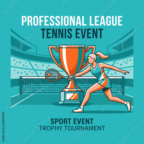 Professional Tennis Tournament Championship With Trophy And Player Winning Set