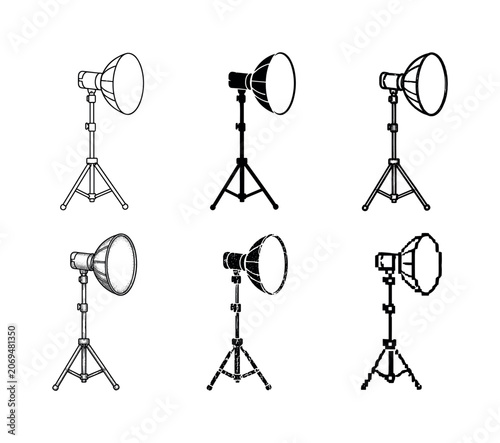 Set of six different studio lighting equipment designs