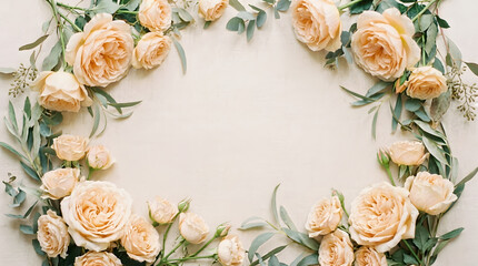 Beautiful floral frame made of peach roses and eucalyptus branches