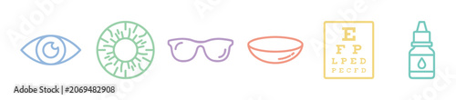 Eye care icons, vision health, ophthalmology, optometry, and related elements including eyeglasses, contact lenses, eye charts, and drops for medical treatment.