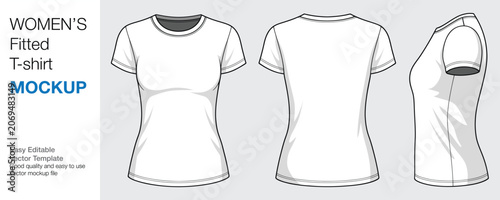 Obraz na plátně Women's Fitted T-Shirt Mockup Vector Template - Front, Back, and Side View