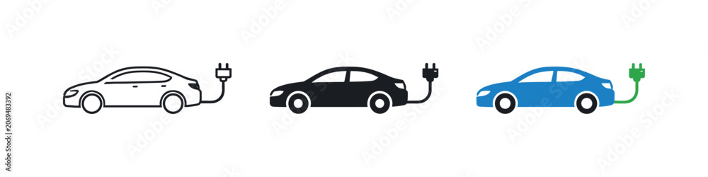 Fototapeta premium Electric Sedans Aligned. Future road scene showing a sleek sedan icon with a charging cable attached representing everyday