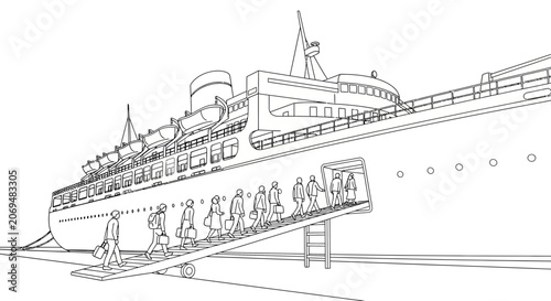 Obraz na plátně Passengers boarding a large cruise ship via a gangway detailed line art illustration