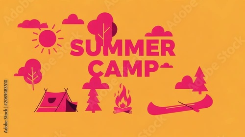 Summer camp banner with pink camping icons: tent, canoe, campfire, sun and trees on orange background in flat illustration