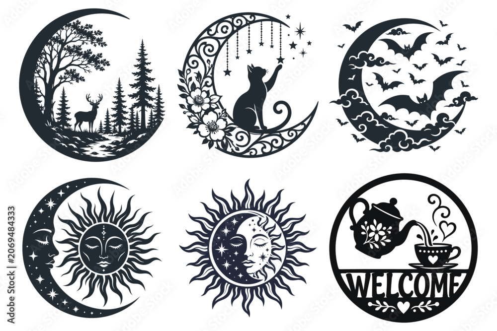 Fototapeta premium Celestial Moon Sun Cat and Halloween Vector Design Set, celestial design set