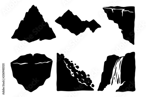 Mountain silhouette set, waterfall and cliff shapes for outdoor adventure and nature landscape designs.