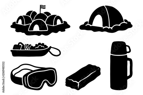 Winter camping and expedition equipment silhouettes featuring tents igloos goggles thermos flask and storage container icons.