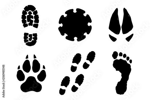Footprint silhouettes set, human shoe and animal paw prints for tracking and outdoor activities.