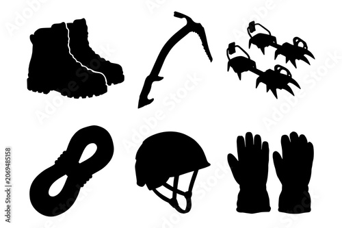 Mountaineering equipment silhouettes, climbing boots, ice axe, crampons, rope, helmet, and gloves.