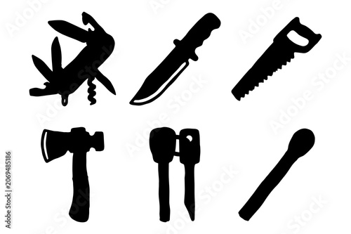 Camping tools silhouettes, swiss knife, hunting knife, saw, axe, and matches for survival and outdoor.