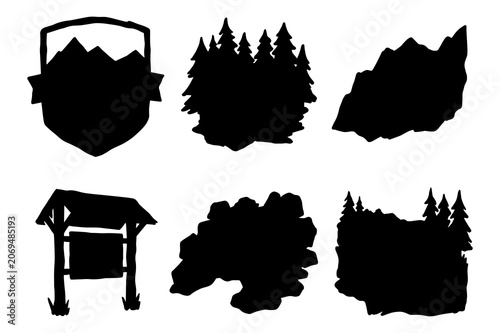 Outdoor nature landscape silhouettes, mountain, forest, wood sign, and abstract land shapes.