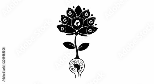 Intriguing black and white illustration of a stylized flower with eyes, symbolizing awareness and growth.