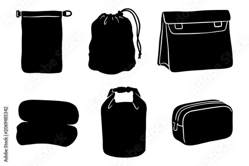 Set of various travel bags and storage containers silhouettes.