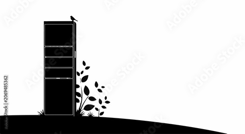 Silhouette of a tall structure with growing plants and a small bird perched on top.