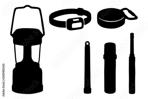Camping lighting equipment silhouettes set isolated on white background.