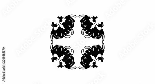 Whimsical black and white illustration of playful cats in a symmetrical pattern