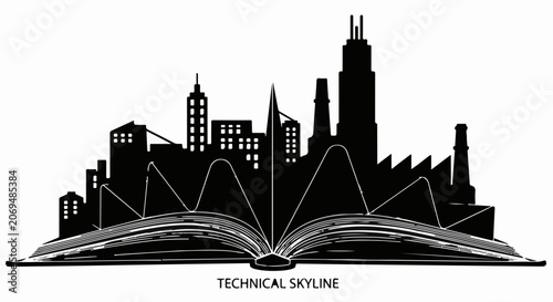 Open book reveals silhouette of industrial city skyline, symbolizing knowledge and progress.