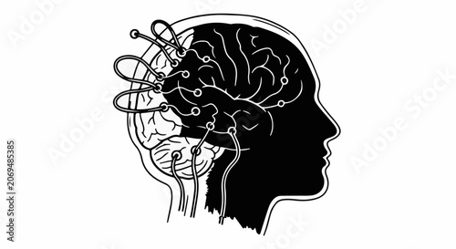 Abstract illustration of a human brain with wires connecting to it, symbolizing technology and thought.