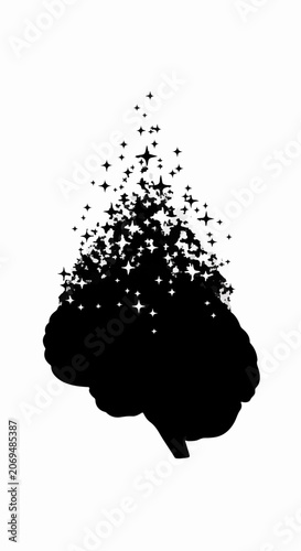 Abstract silhouette of a brain dissolving into sparkling stars, symbolizing creativity and ideas.