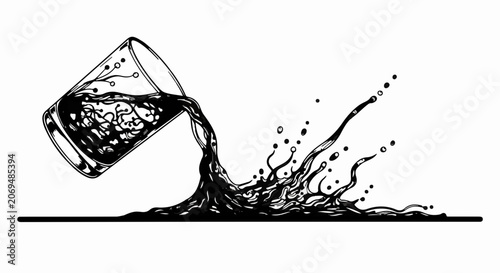Dynamic splash of dark liquid spilling from an overturned glass, creating abstract energetic shapes.