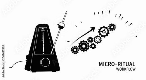 Metronome and gears illustrate rhythmic workflow and progress