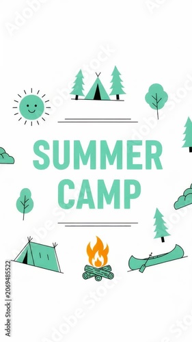 Animated summer camp poster with tent, canoe and campfire icons. subtle horizontal slide reveal with flame ignition and shifting nature elements.