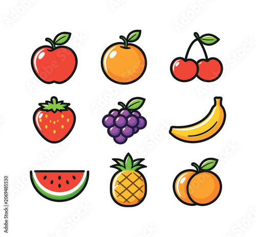 Collection of colorful cartoon fruits including apple, banana, and berries