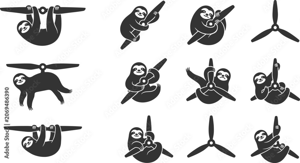 Obraz premium Funny sloth silhouettes flying with airplane propellers in aviation themed vector illustration graphic collection