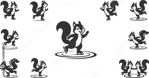 Fotografi Funny squirrel silhouettes ice skating on frozen ponds in various dynamic poses