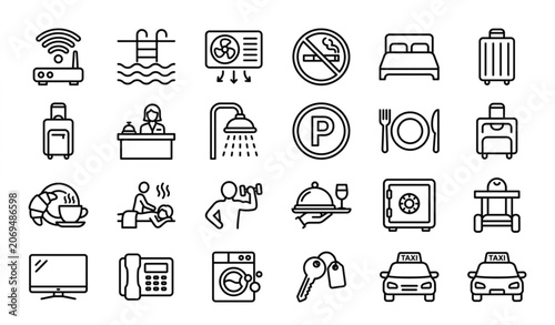 Принти на полотні Hotel amenities travel vector icon set with minimalist hospitality room service