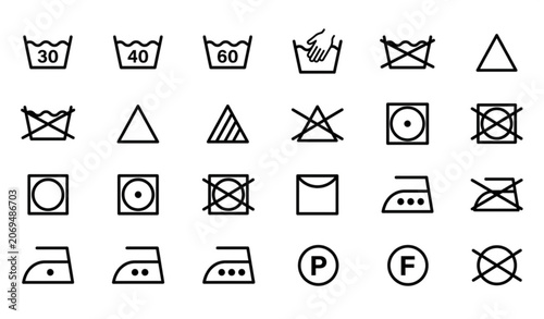Quadro su tela Laundry care symbols vector set with clothing washing instruction line icons for