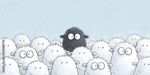 black sheep - comical animation of black sheep surrounded by white sheep sticking out from the crowd