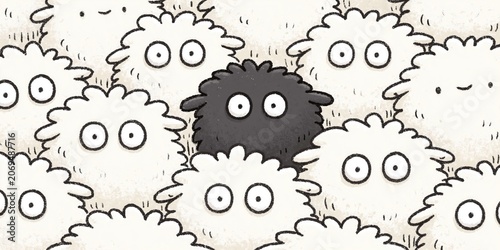 black sheep - comical animation of black sheep surrounded by white sheep sticking out from the crowd