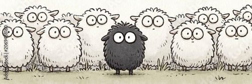 black sheep - comical animation of black sheep surrounded by white sheep sticking out from the crowd