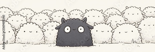 black sheep - comical animation of black sheep surrounded by white sheep sticking out from the crowd