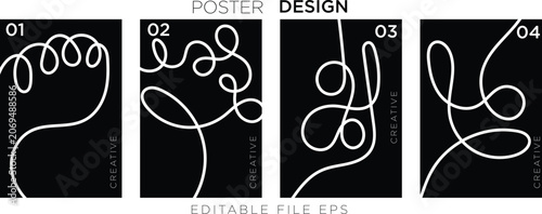 Abstract Continuous Line Art Poster Templates with White Scribbles on Black Background