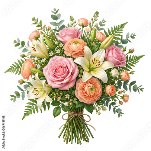 Beautiful bouquet of colorful roses in a vase isolated on white background